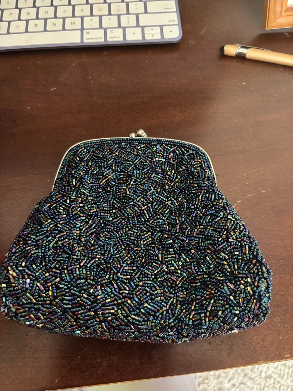 Valerie Stevens Iridescent Beaded Blue Evening Clutch with Silver Chain